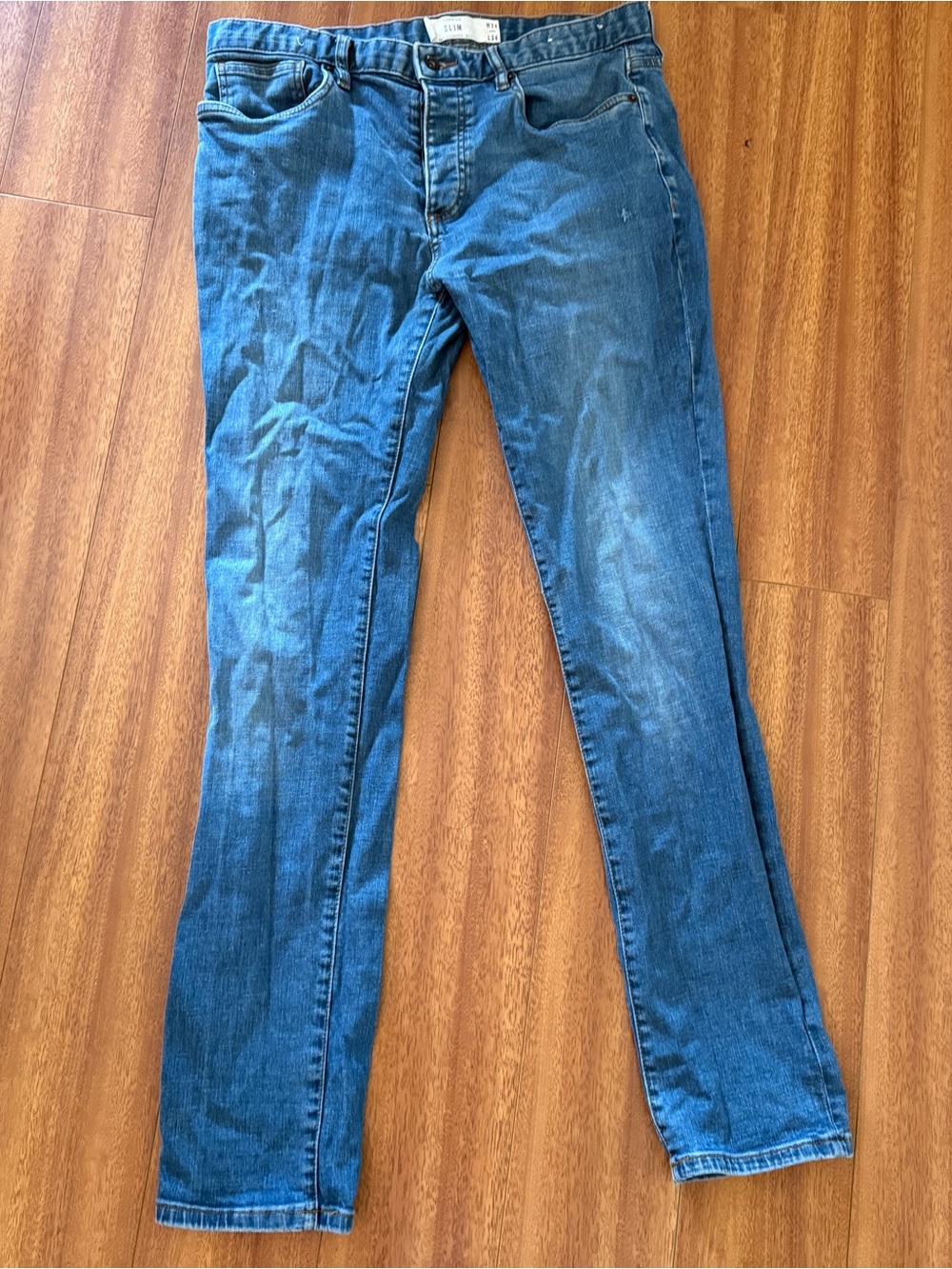 Topman Mens 34 X 34 Blue Slim Jeans Stretch Denim Button Fly Cotton Blend Jean